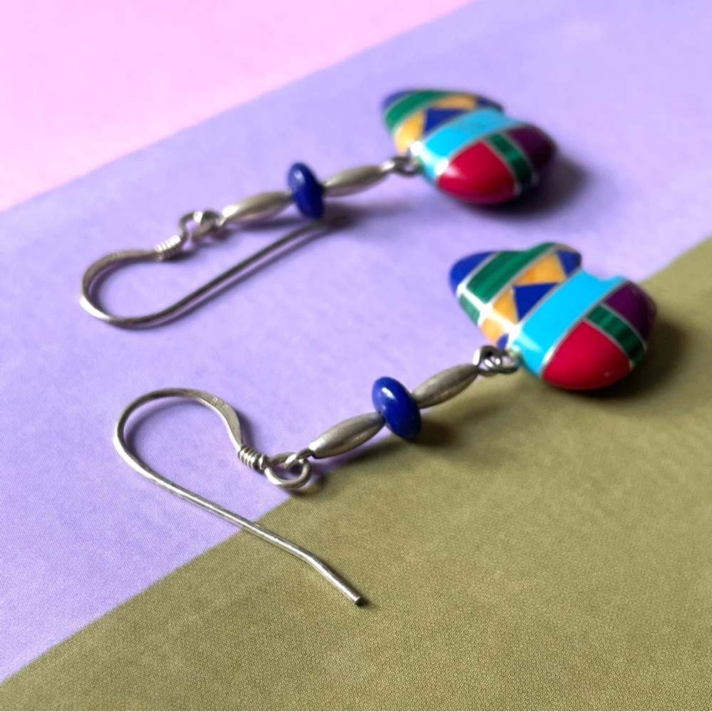 Vtg stamped 925 sterling silver Southwestern inlay fetish bear dangle earrings - Picture 5 of 10